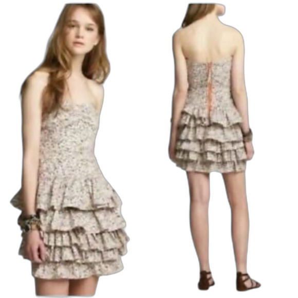 J. Crew Liberty of London Ivory Floral  Strapless Ruffle Tiered Mini Dress Sz 0 - Picture 1 of 16